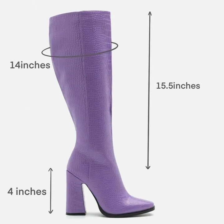 Women Vintage Chunky High Heel Knee High Western Boots Round Closed Toe Crocodile Boots Long Matte Patent Leather Side Zipper Under Knee Combat Boots Two-Toned Patchwork Fall Boot 4-11 M US
