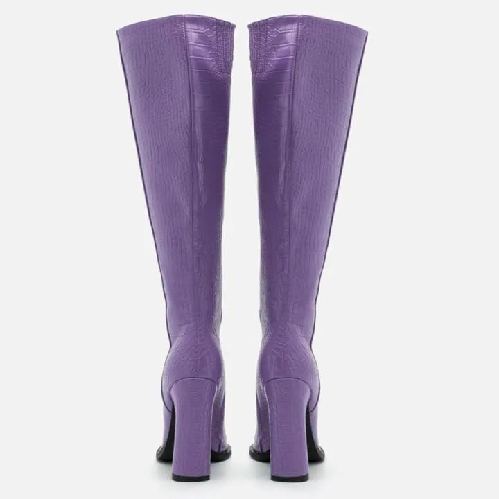 Women Vintage Chunky High Heel Knee High Western Boots Round Closed Toe Crocodile Boots Long Matte Patent Leather Side Zipper Under Knee Combat Boots Two-Toned Patchwork Fall Boot 4-11 M US
