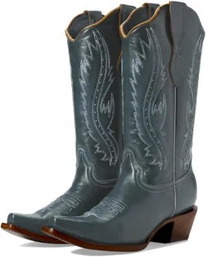 Women Vintage Embroidered Cowboy Boots Knee High Western Boots Chunky Stacked Heel Square Pointed Toe Mid Calf Cowgirl Boots Metallic Matte Pull On V Cut Fall Boot Exotic 4-11 M US