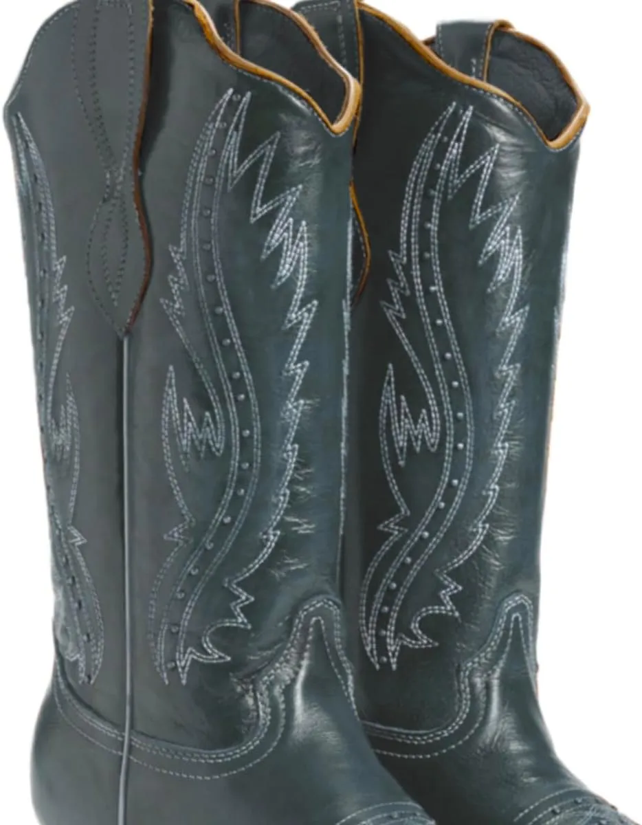 Women Vintage Embroidered Cowboy Boots Knee High Western Boots Chunky Stacked Heel Square Pointed Toe Mid Calf Cowgirl Boots Metallic Matte Pull On V Cut Fall Boot Exotic 4-11 M US