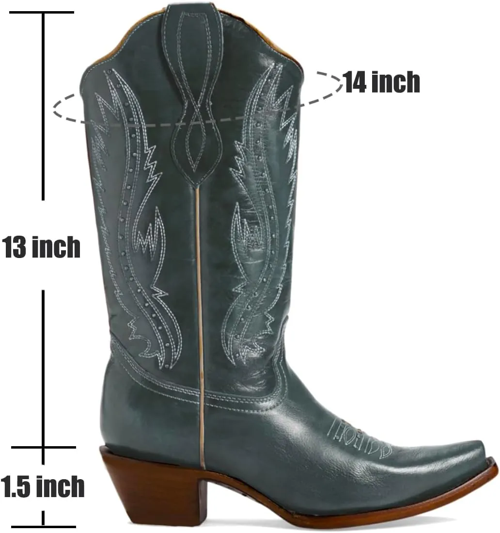 Women Vintage Embroidered Cowboy Boots Knee High Western Boots Chunky Stacked Heel Square Pointed Toe Mid Calf Cowgirl Boots Metallic Matte Pull On V Cut Fall Boot Exotic 4-11 M US