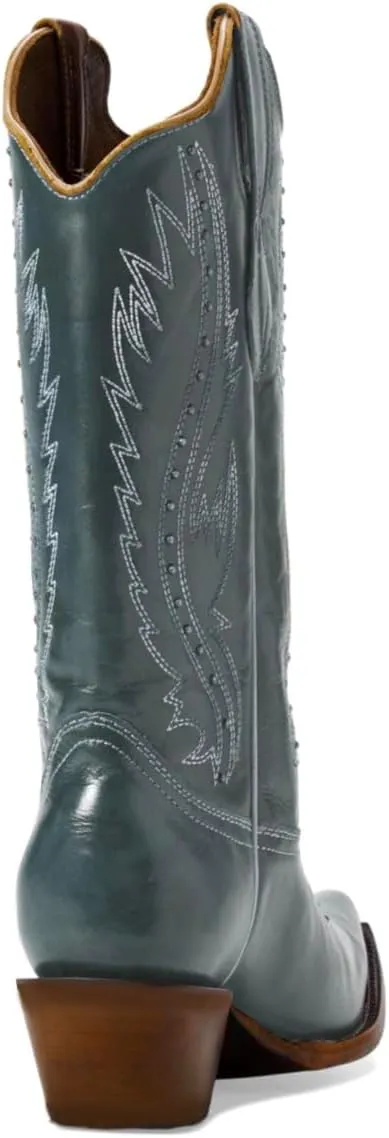 Women Vintage Embroidered Cowboy Boots Knee High Western Boots Chunky Stacked Heel Square Pointed Toe Mid Calf Cowgirl Boots Metallic Matte Pull On V Cut Fall Boot Exotic 4-11 M US