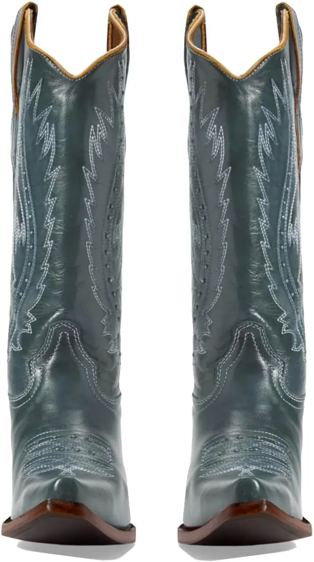 Women Vintage Embroidered Cowboy Boots Knee High Western Boots Chunky Stacked Heel Square Pointed Toe Mid Calf Cowgirl Boots Metallic Matte Pull On V Cut Fall Boot Exotic 4-11 M US