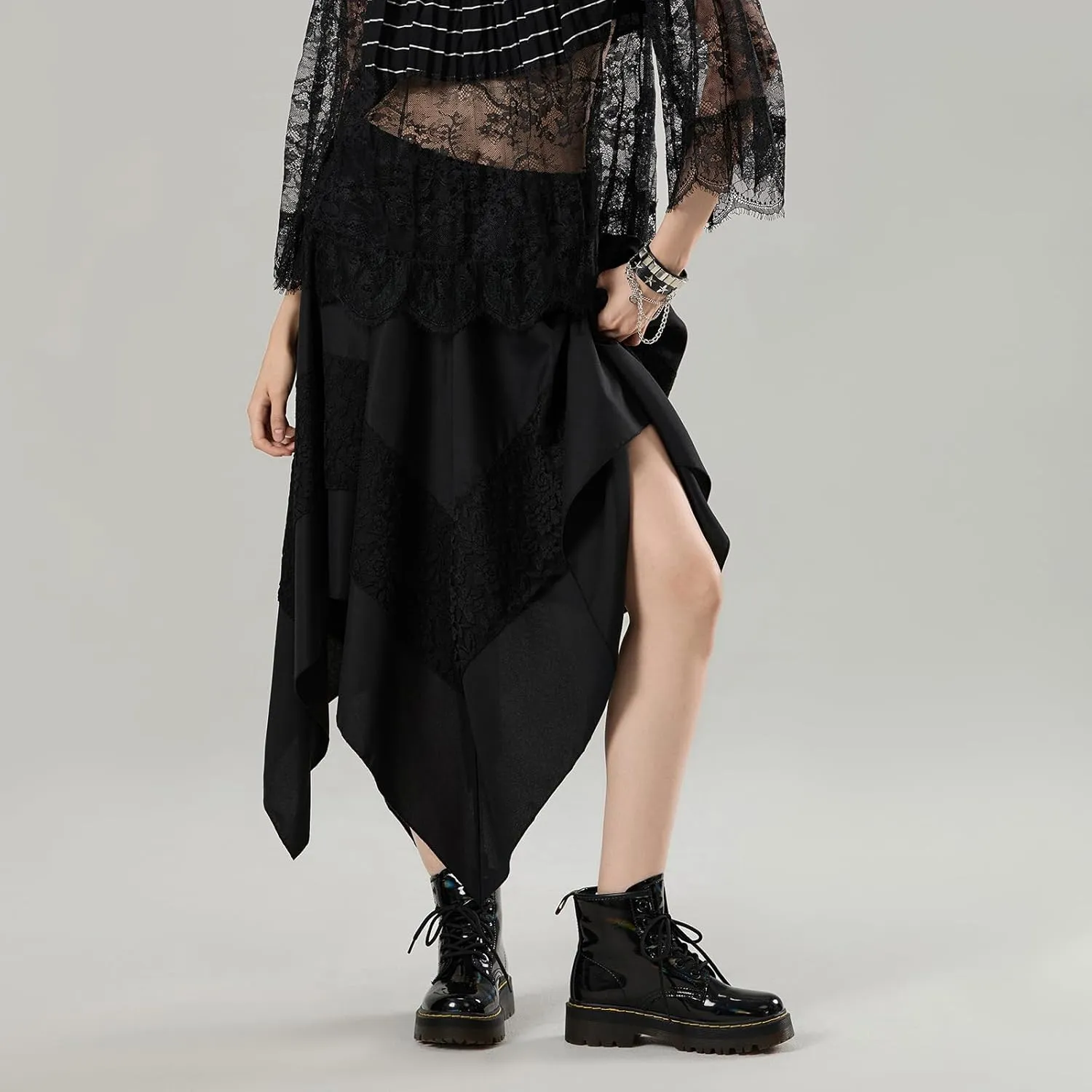 Women Vintage Steampunk Asymmetrical Lace Patchwork Midi Skirt Renaissance Y2k Flowy Fairy Layered Cosplay Costume