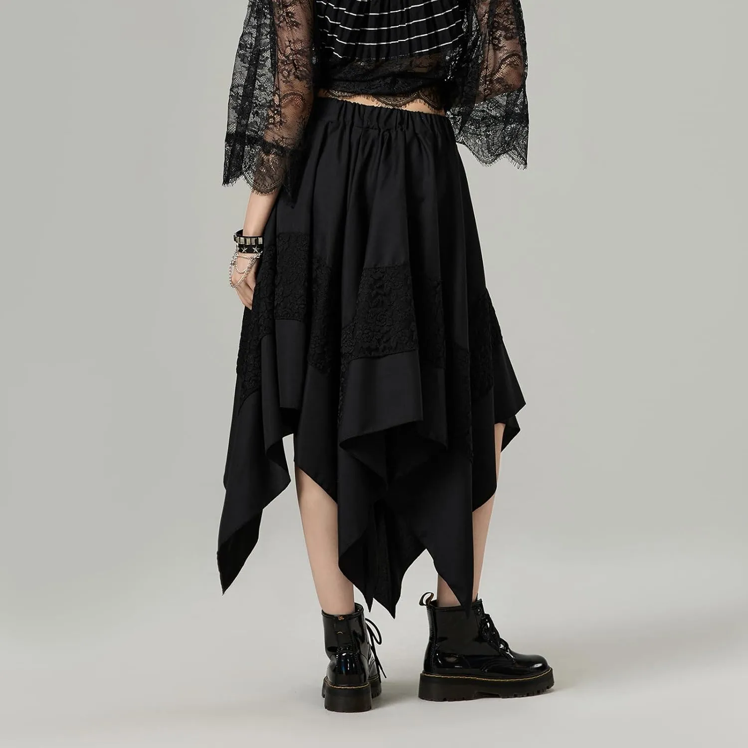 Women Vintage Steampunk Asymmetrical Lace Patchwork Midi Skirt Renaissance Y2k Flowy Fairy Layered Cosplay Costume