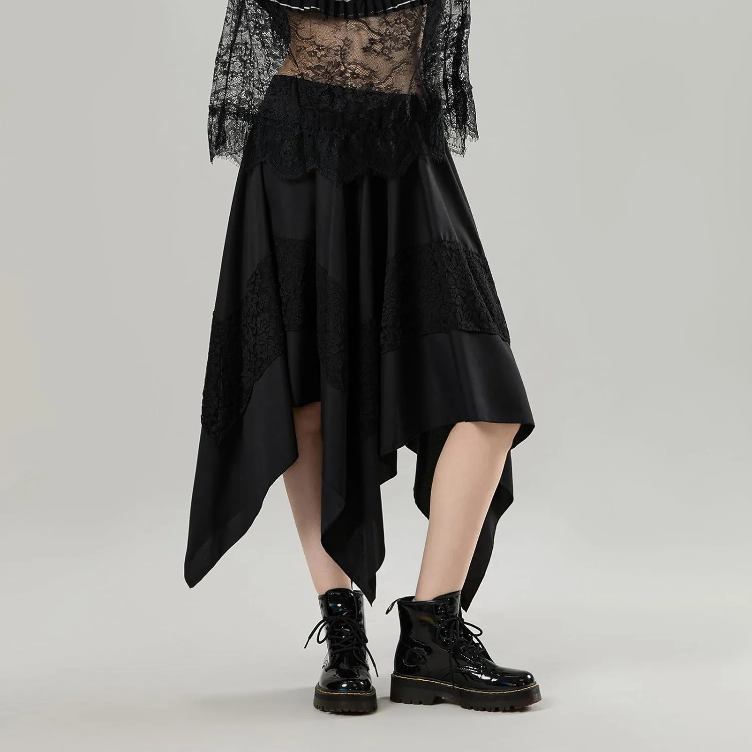 Women Vintage Steampunk Asymmetrical Lace Patchwork Midi Skirt Renaissance Y2k Flowy Fairy Layered Cosplay Costume