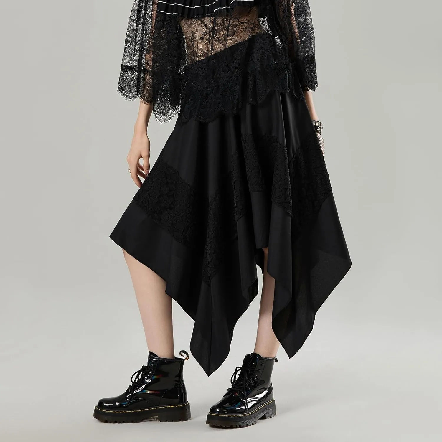 Women Vintage Steampunk Asymmetrical Lace Patchwork Midi Skirt Renaissance Y2k Flowy Fairy Layered Cosplay Costume