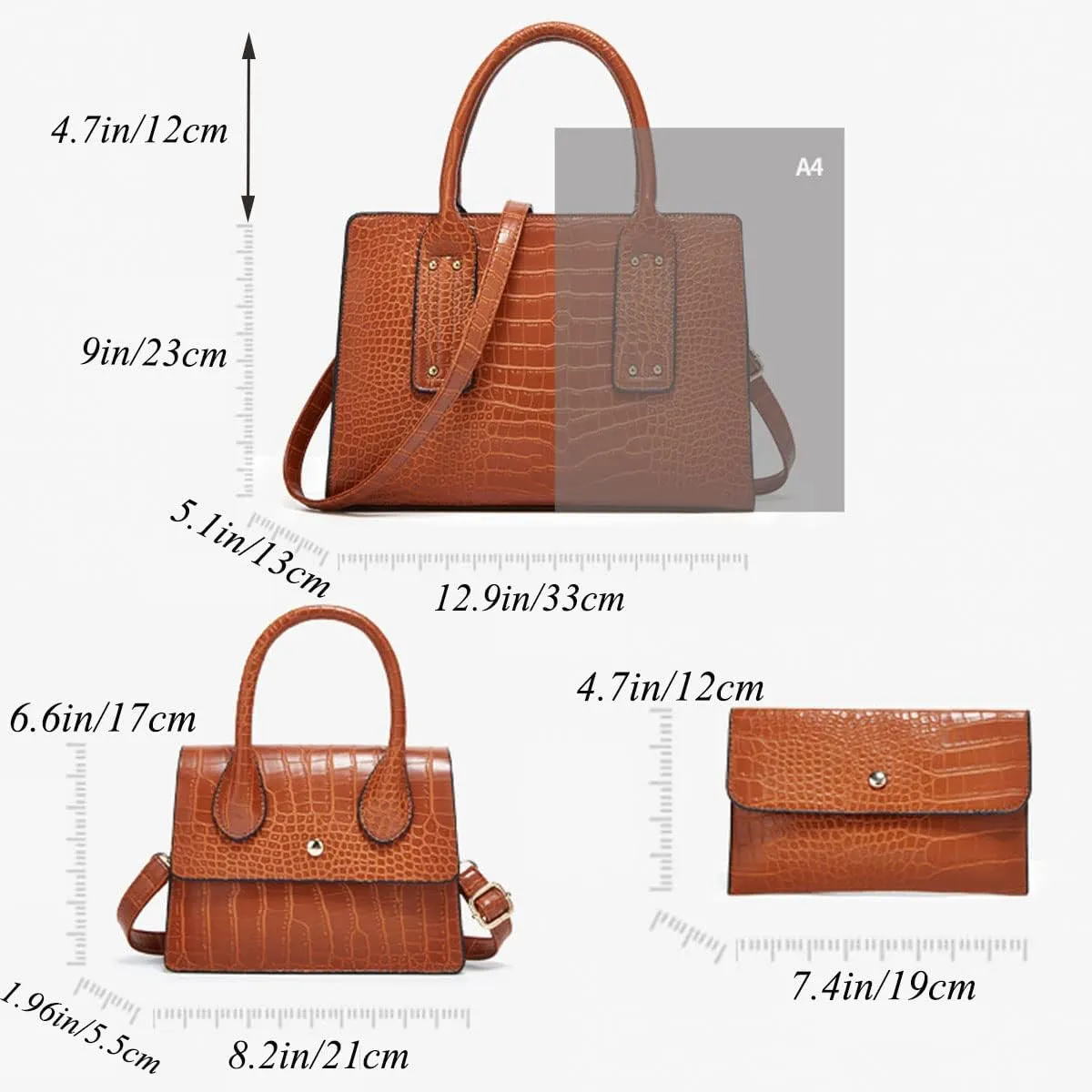 Womens 3 Pcs Handbag Set Clutch Crocodile Pattern Purse Fashion Leather Top Handle Tote Satchel Crossbody Bag Wallet