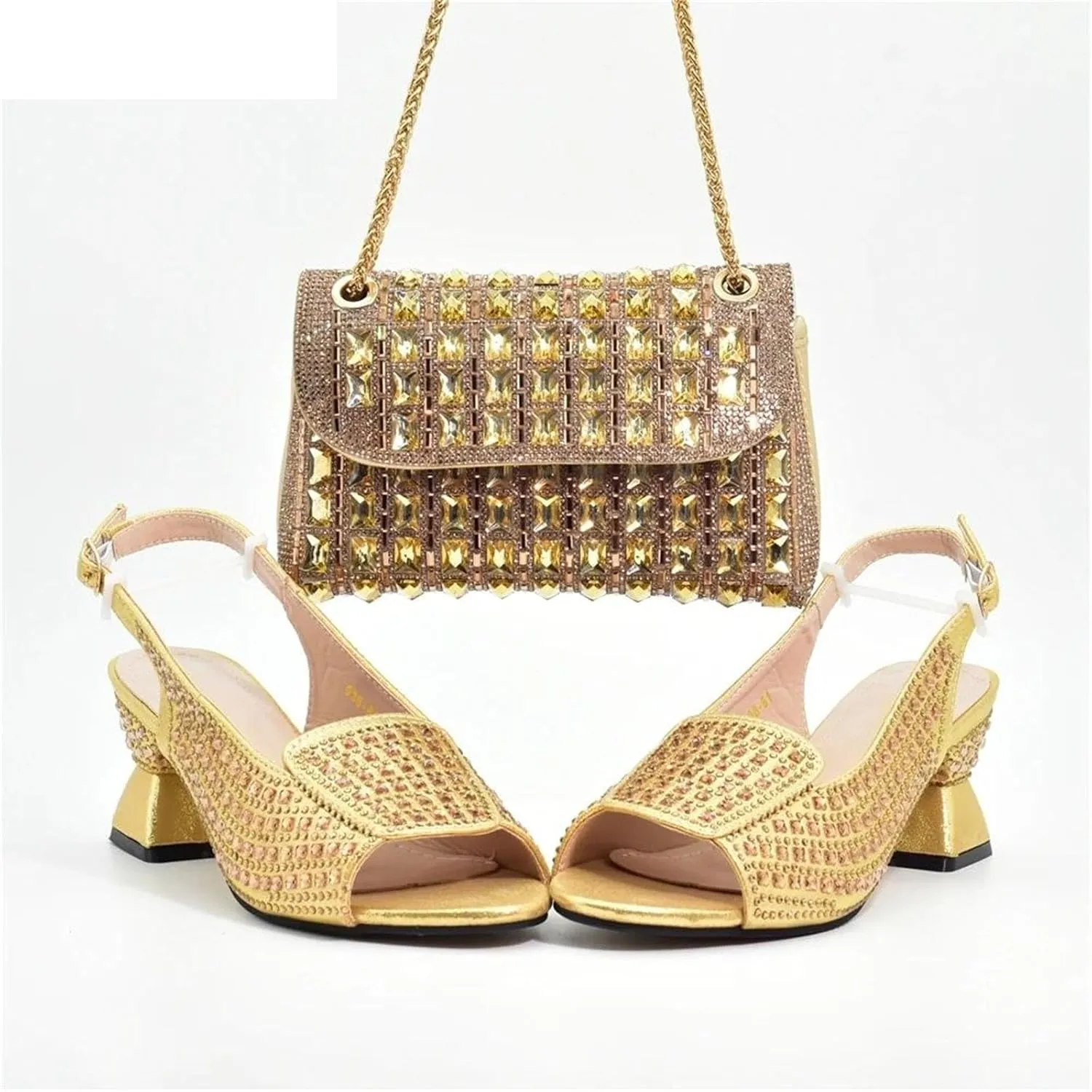 Women’s African Inspired Designer Nigerian Bridal Shoes and Purse Set Sparkly Peep Toe Pumps with Rhinestone Details