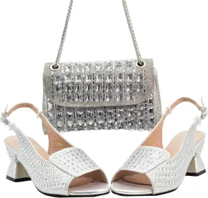 Women’s African Inspired Designer Nigerian Bridal Shoes and Purse Set Sparkly Peep Toe Pumps with Rhinestone Details