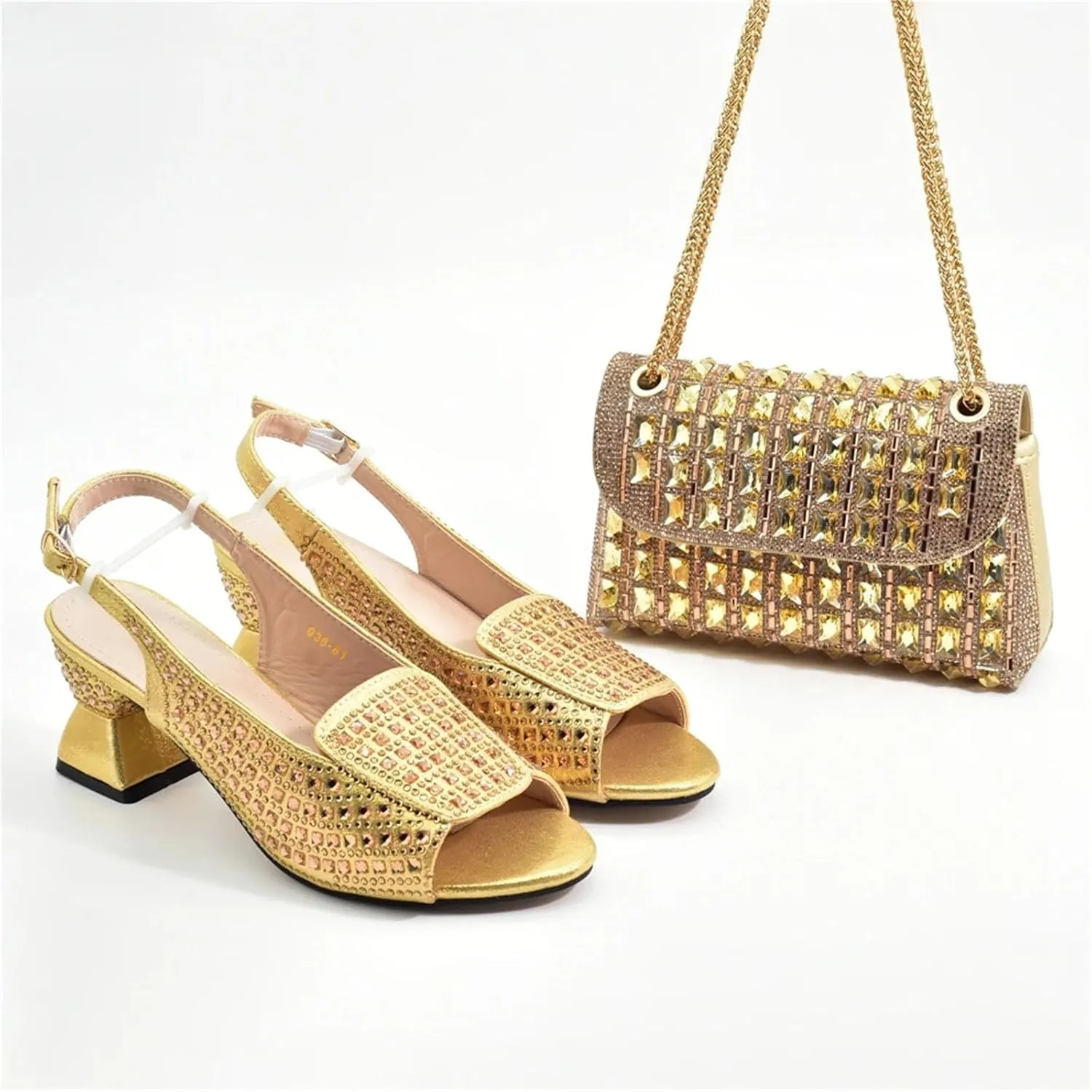 Women’s African Inspired Designer Nigerian Bridal Shoes and Purse Set Sparkly Peep Toe Pumps with Rhinestone Details