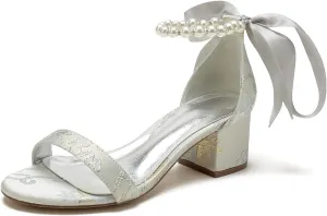 Women's Block Heel Pumps Chunky Open Toe Floral Low Heels Satin Wedding Shoes for Bride Pearls Dress Shoes Heels Sandals