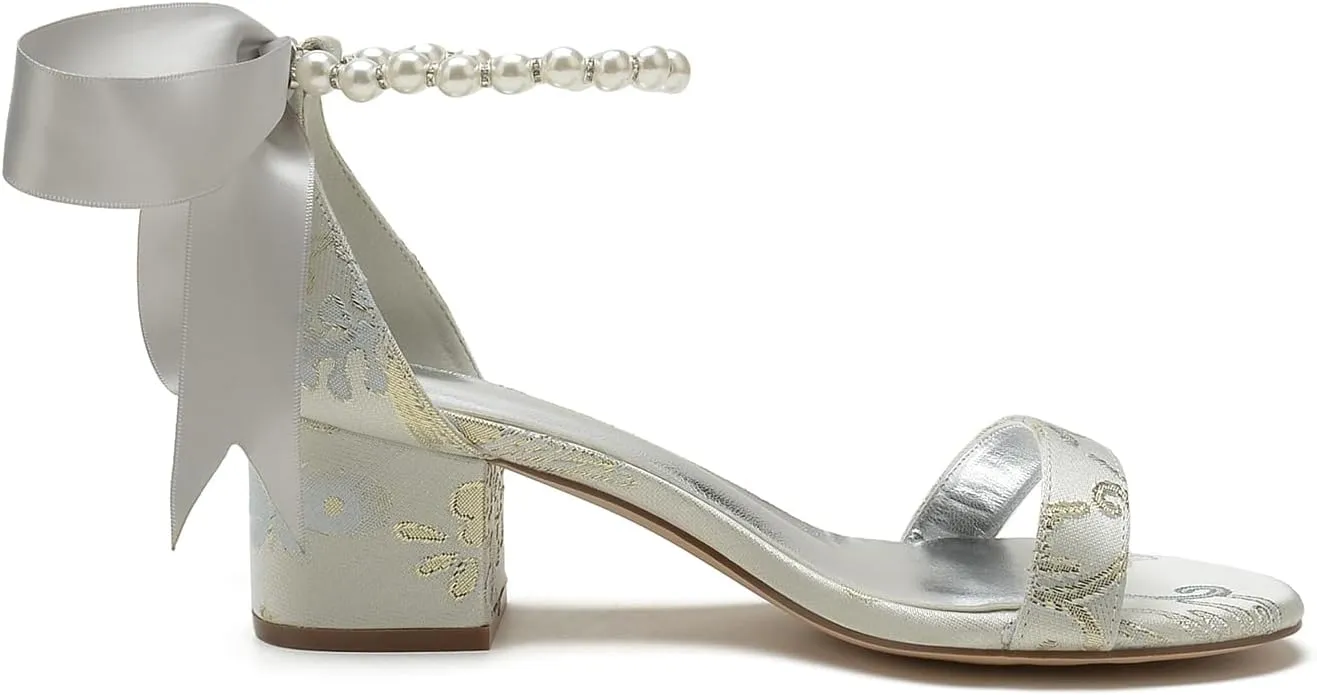 Women's Block Heel Pumps Chunky Open Toe Floral Low Heels Satin Wedding Shoes for Bride Pearls Dress Shoes Heels Sandals