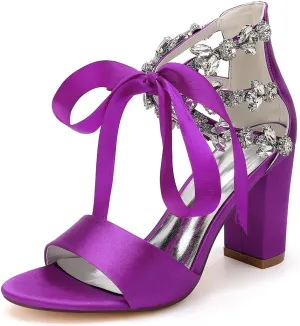 Women's Block Heel Wedding Sandals Rhinestones Open Toe Chunky Ribbon Bridal Shoes Prom Eveing Party Shoes