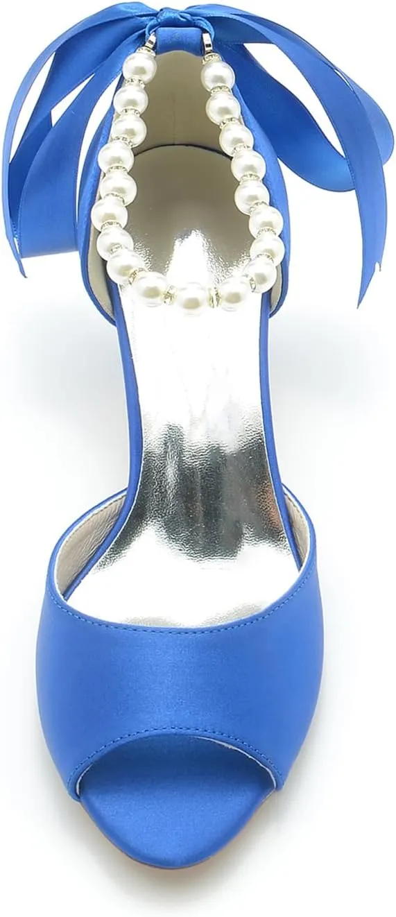 Women's Bridal Sandals Peep Toe Mid Heel Pumps Pearls Satin Ankle Ribbon Tie Strap Strap Evening Party Prom Wedding Dress Shoes