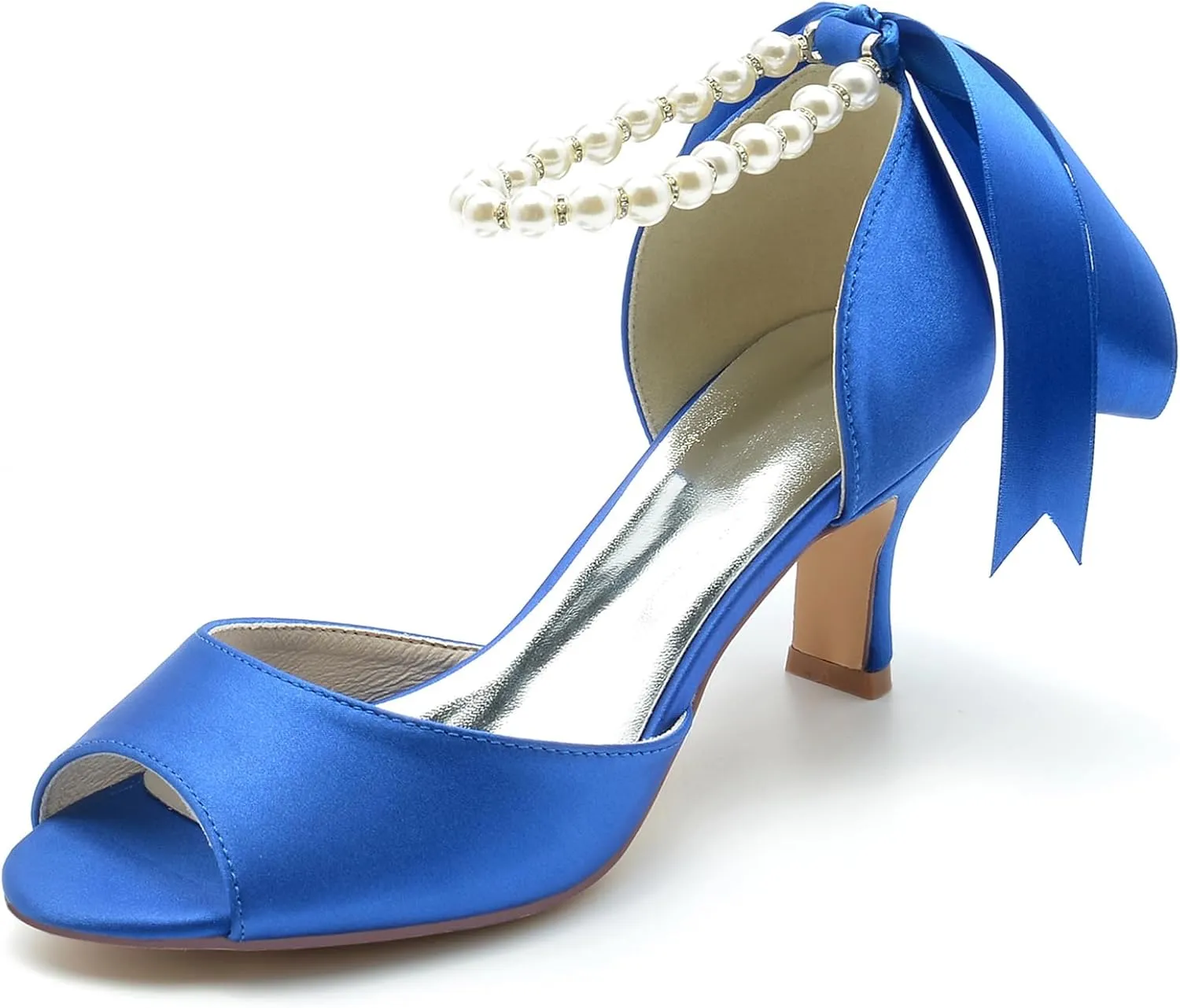 Women's Bridal Sandals Peep Toe Mid Heel Pumps Pearls Satin Ankle Ribbon Tie Strap Strap Evening Party Prom Wedding Dress Shoes