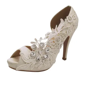 Women's Bridal Stiletto Heel Peep Toe Pumps with Imitation Pearl Prom Party Shoes Large Size 41 42