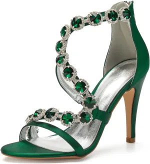 Women's Bridal Wedding Sandals High Heels Crystal Satin Ankle Strap Rhinestones Zipper Back Formal Evening Prom Party Dress Shoes Pumps