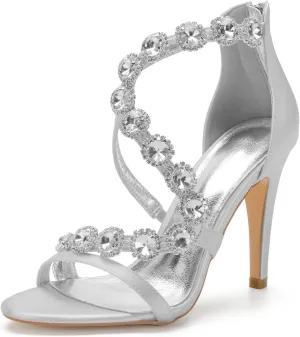 Women's Bridal Wedding Sandals High Heels Crystal Satin Ankle Strap Rhinestones Zipper Back Formal Evening Prom Party Dress Shoes Pumps