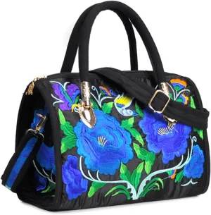 Women's Canvas Top Handle Satchel Bag Flower Embroidery Crossbody Retro Boston Shoulder Bag Ethnic Handbag and Purse，bag2097OWOISS