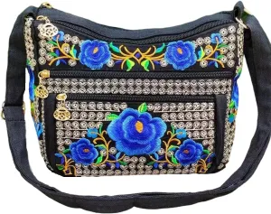Women's canvas vintage handicraft embroidery cross bag, women's multi pocket purse small shoulder bag handbag