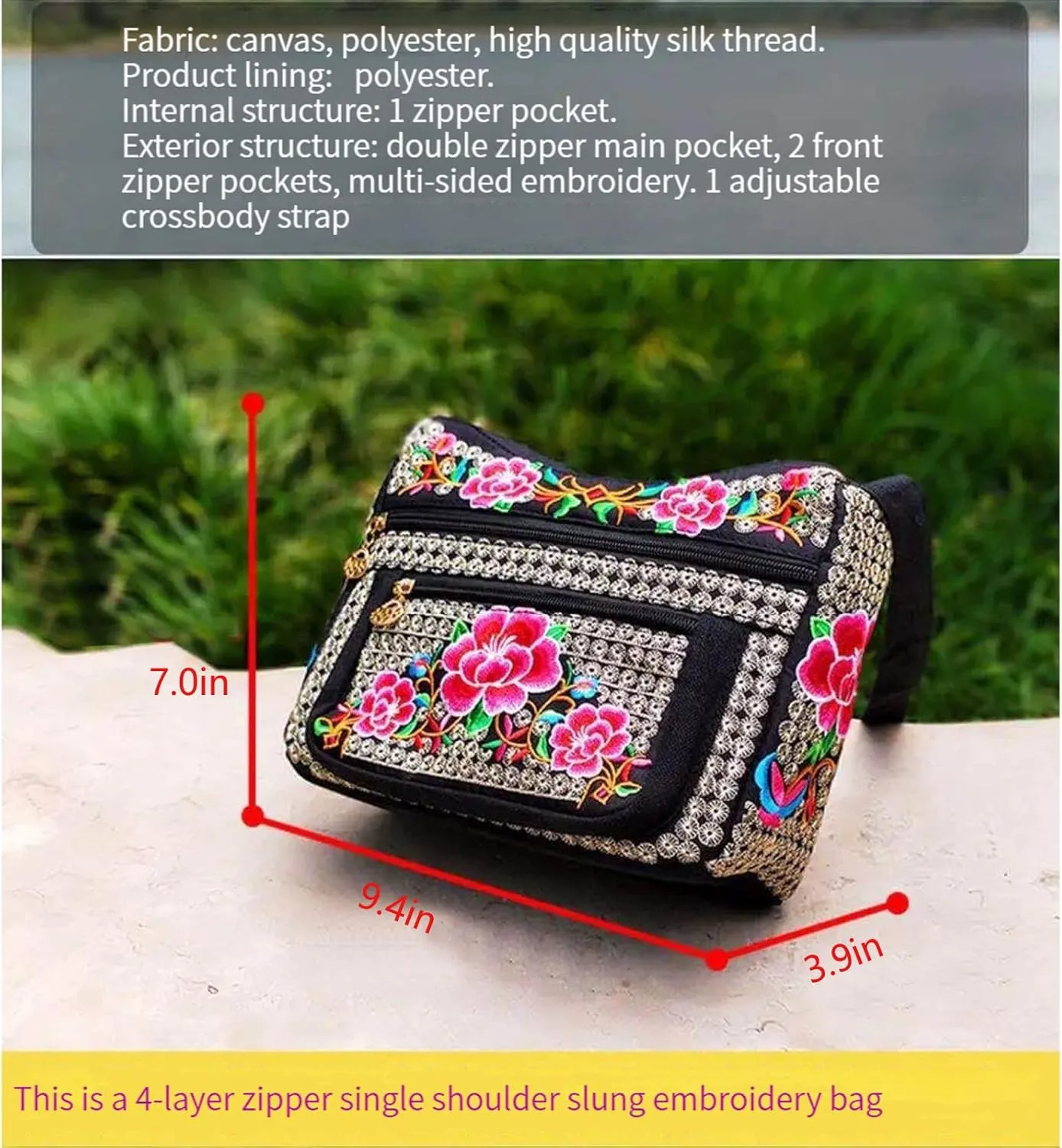 Women's canvas vintage handicraft embroidery cross bag, women's multi pocket purse small shoulder bag handbag