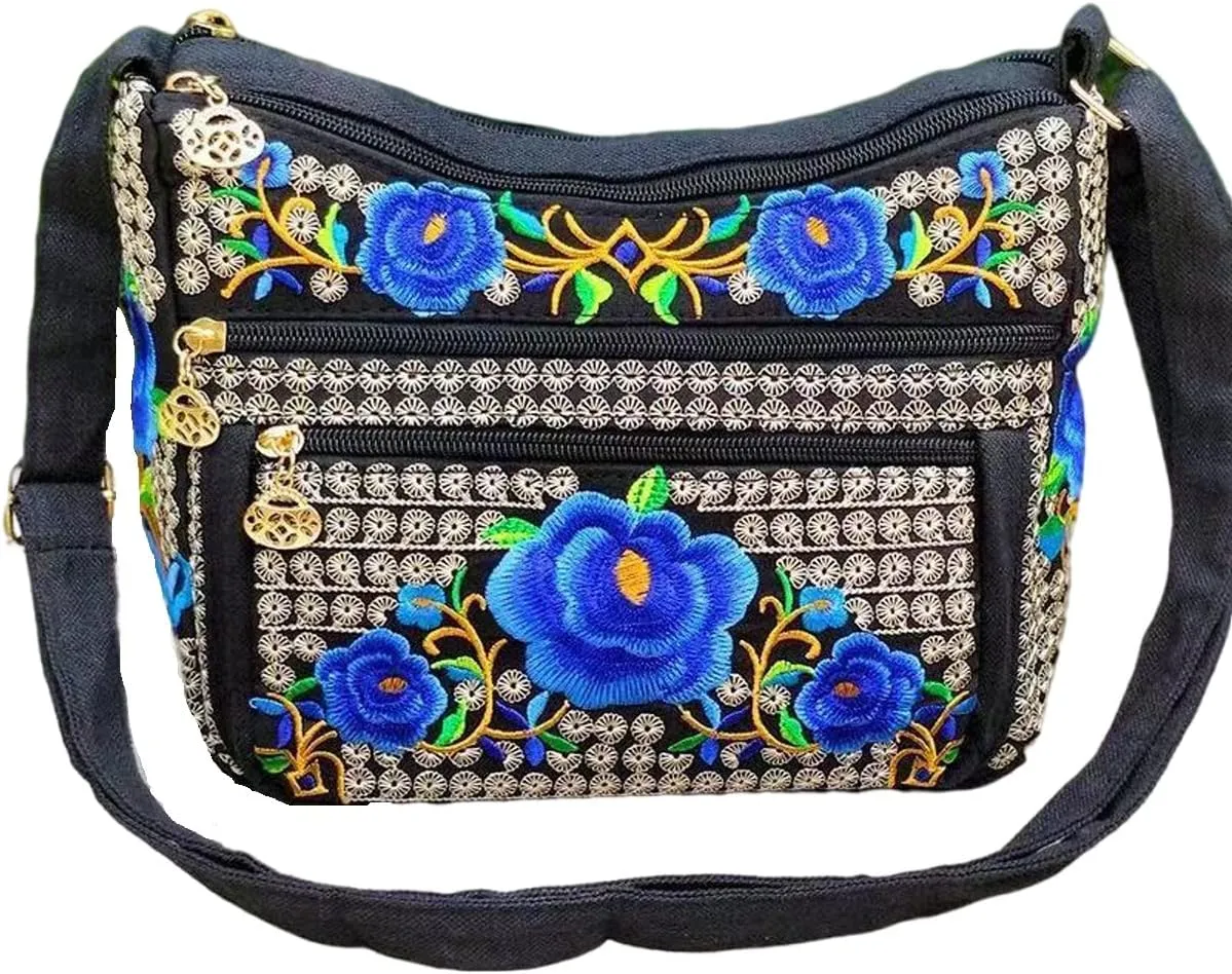 Women's canvas vintage handicraft embroidery cross bag, women's multi pocket purse small shoulder bag handbag