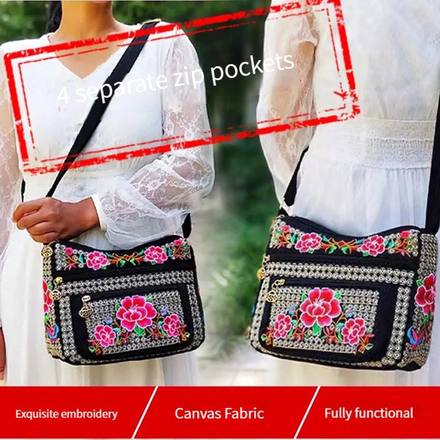 Women's canvas vintage handicraft embroidery cross bag, women's multi pocket purse small shoulder bag handbag