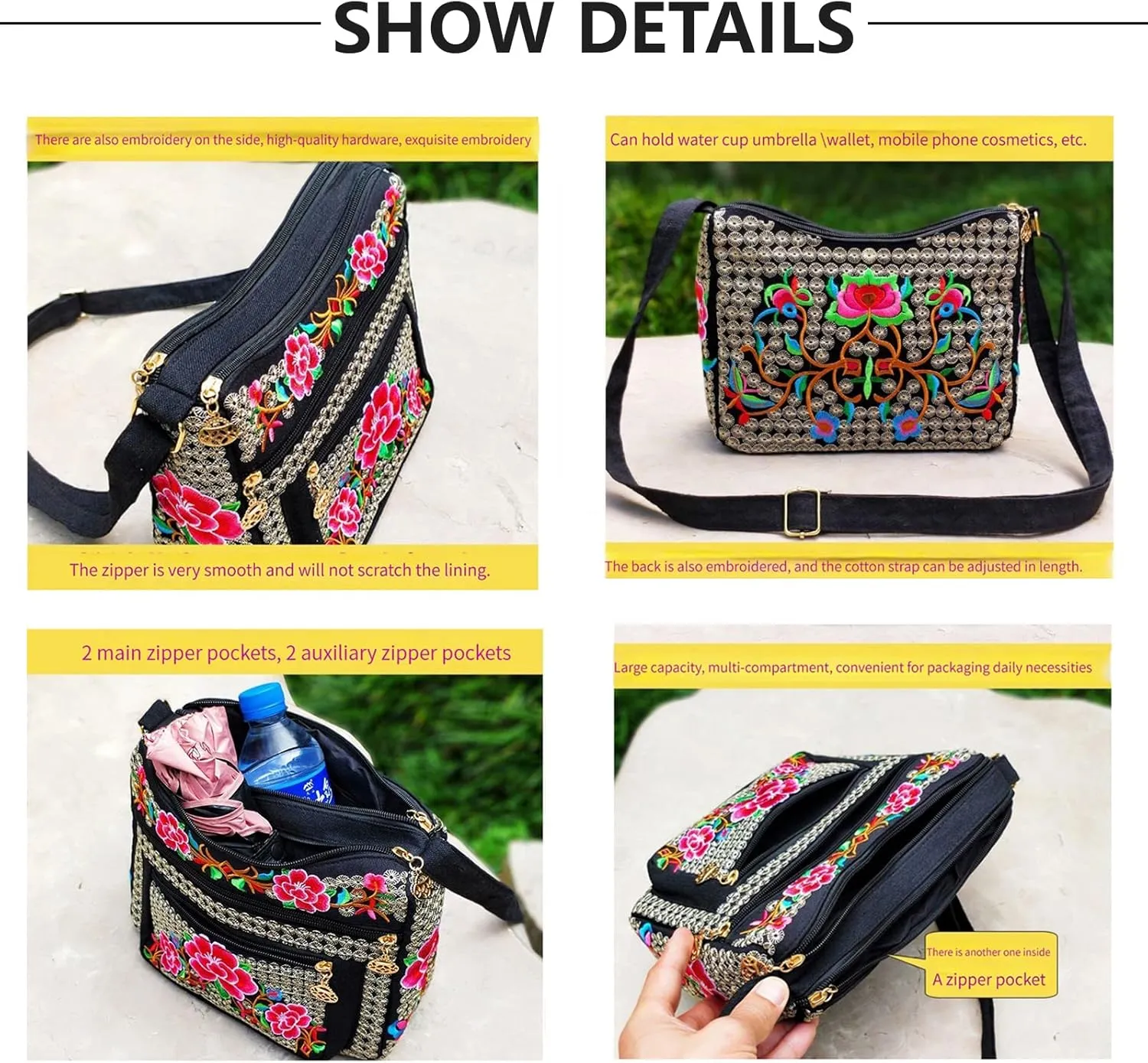 Women's canvas vintage handicraft embroidery cross bag, women's multi pocket purse small shoulder bag handbag