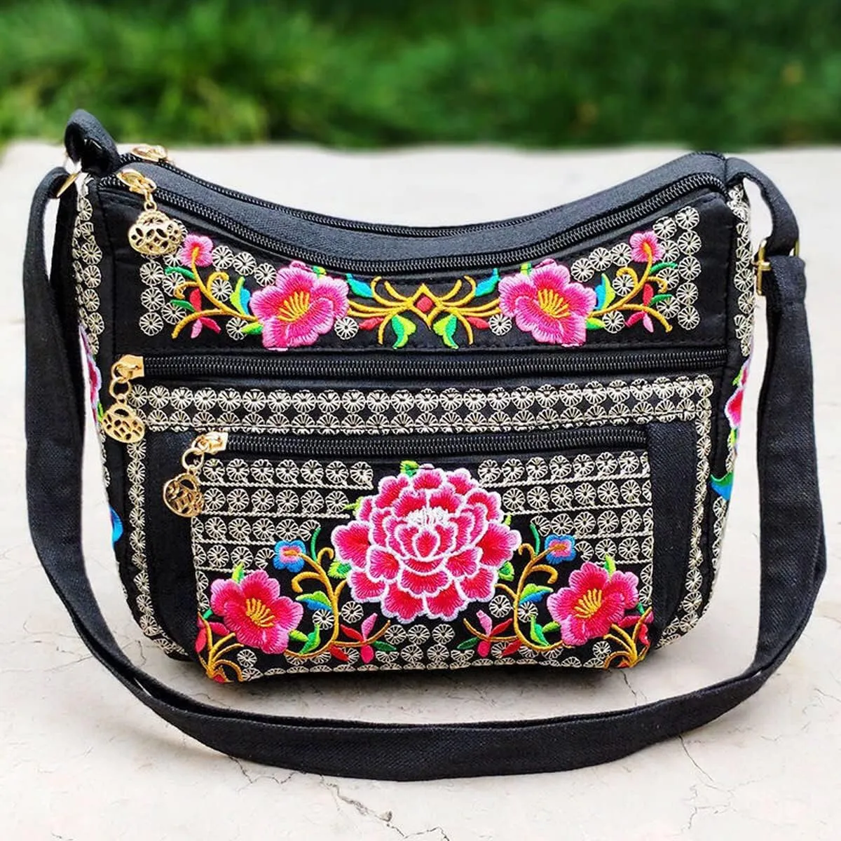 Women's canvas vintage handicraft embroidery cross bag, women's multi pocket purse small shoulder bag handbag