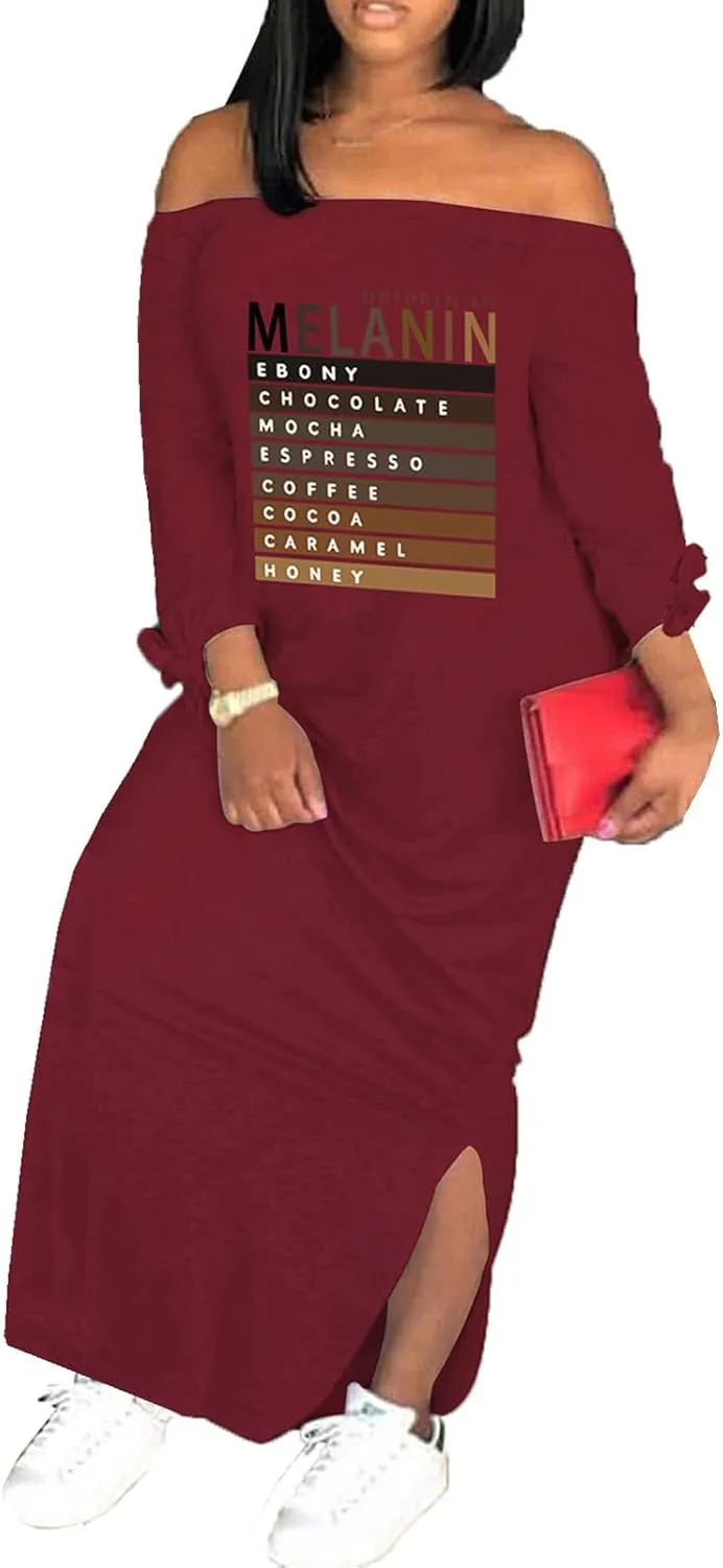 Women's Casual Off Shoulder Maxi Dress - African Print Summer Loose Long Sleeve Tunic T Shirt Dresses with Pockets