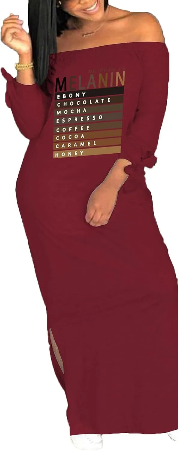 Women's Casual Off Shoulder Maxi Dress - African Print Summer Loose Long Sleeve Tunic T Shirt Dresses with Pockets