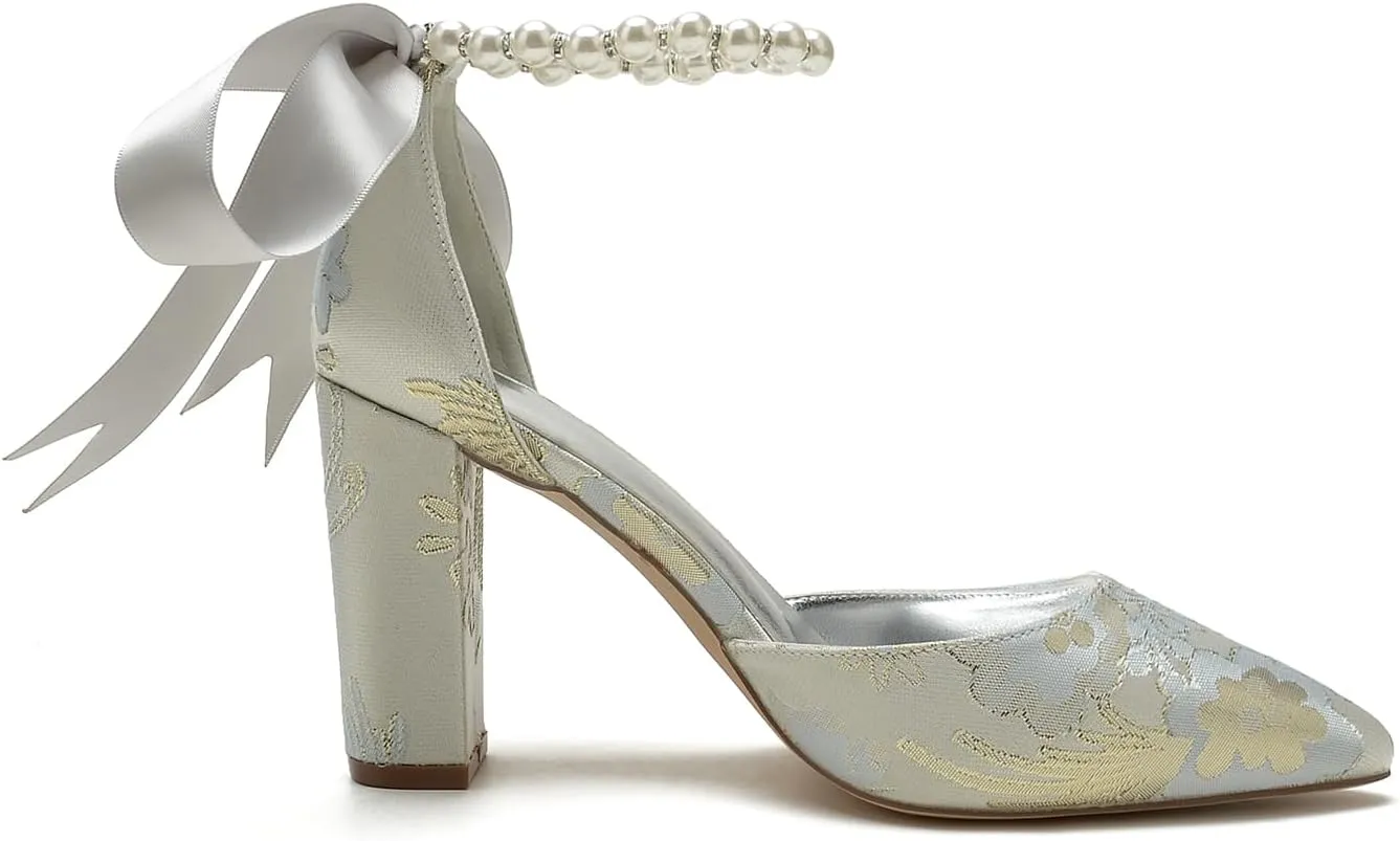 Women's Chunky Block Heel Pumps Floral Satin Closed Toe Wedding Shoes for Bride Pearls Dress Shoes Sandals