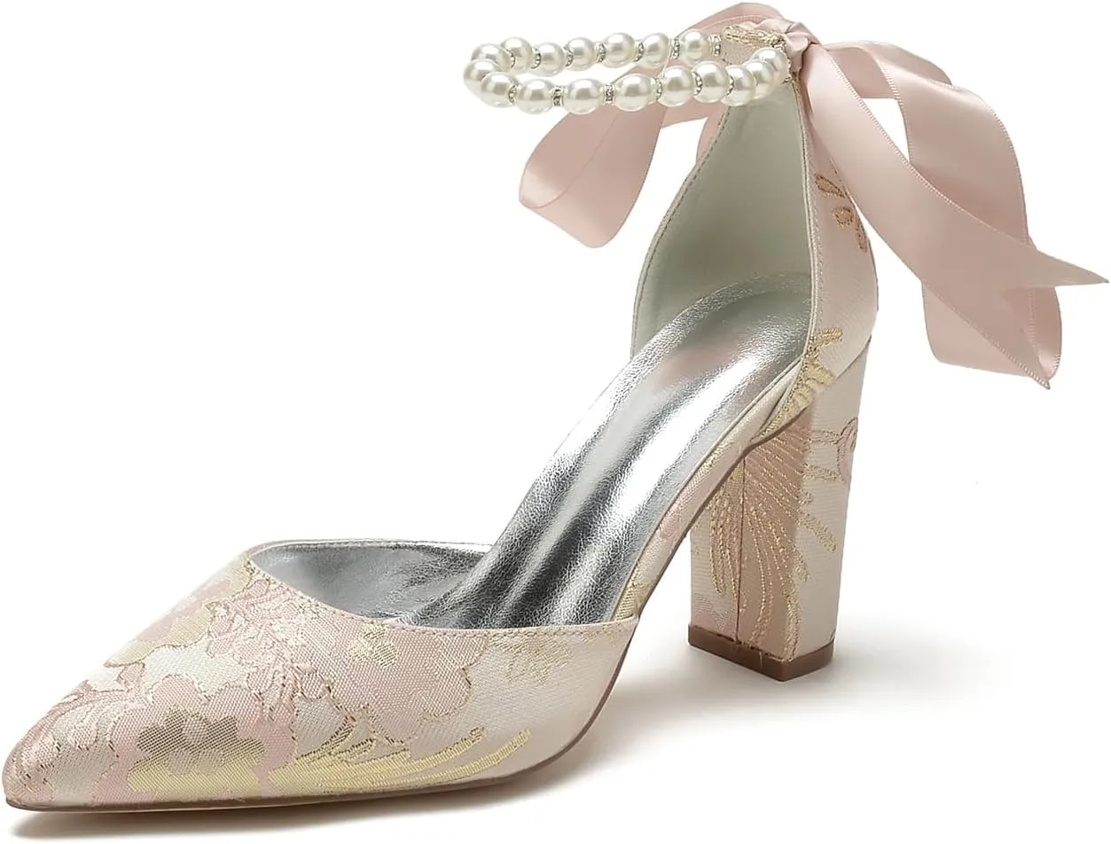 Women's Chunky Block Heel Pumps Floral Satin Closed Toe Wedding Shoes for Bride Pearls Dress Shoes Sandals