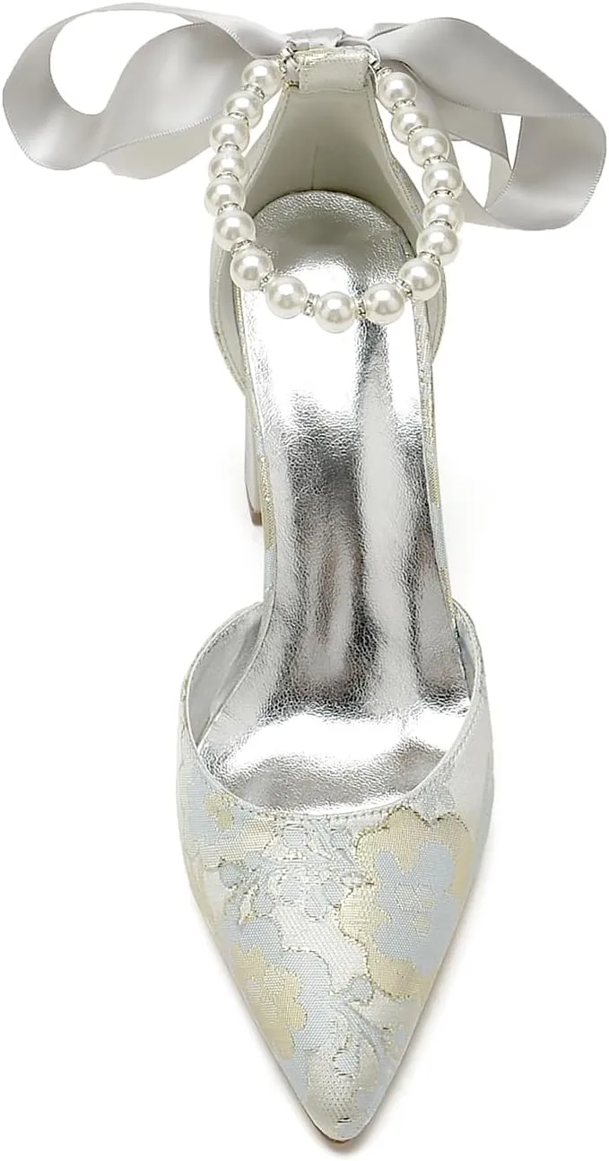 Women's Chunky Block Heel Pumps Floral Satin Closed Toe Wedding Shoes for Bride Pearls Dress Shoes Sandals