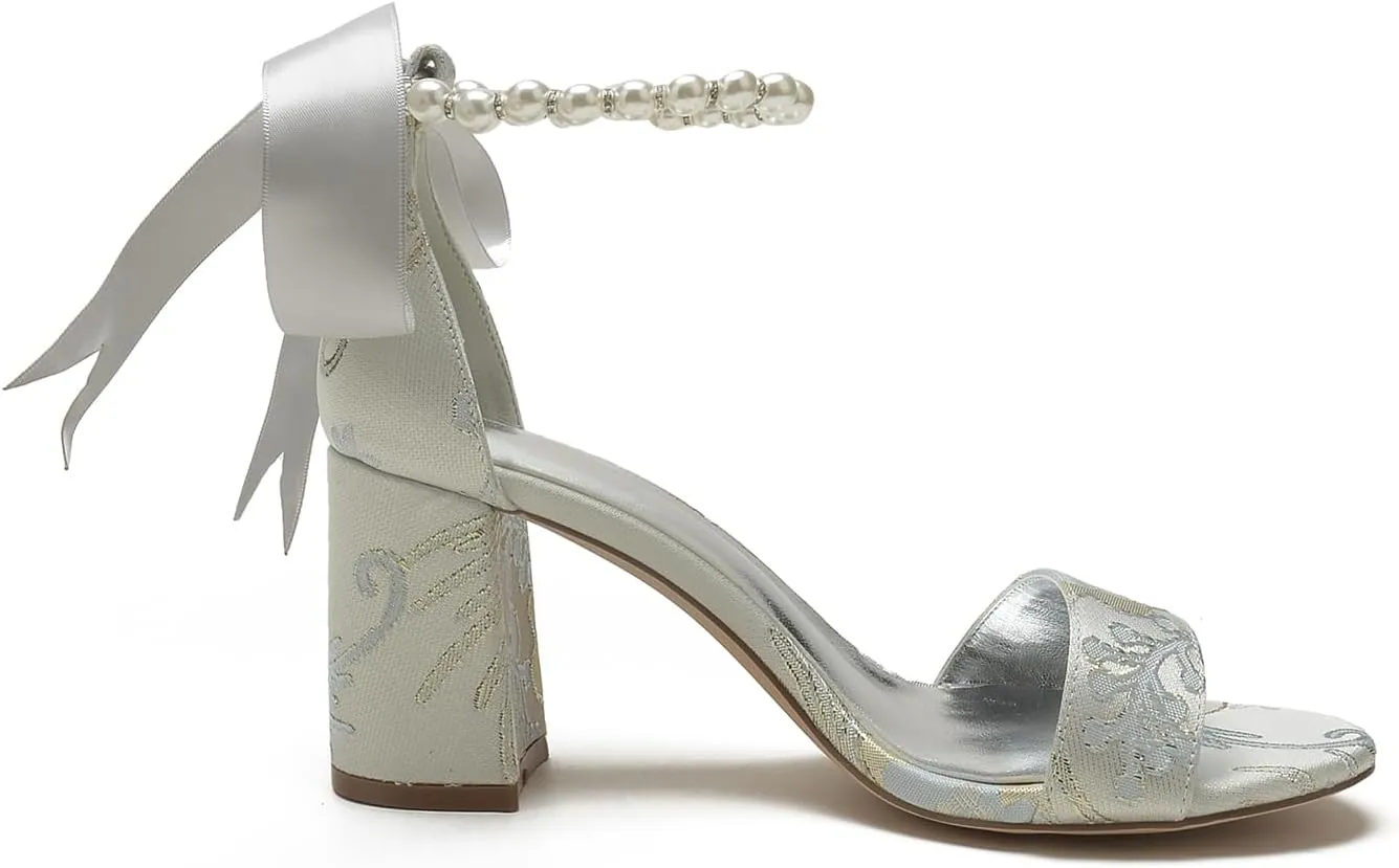Women's Chunky Block Heel Pumps Open Toe Floral Satin Wedding Shoes for Bride Pearls Dress Shoes Heels
