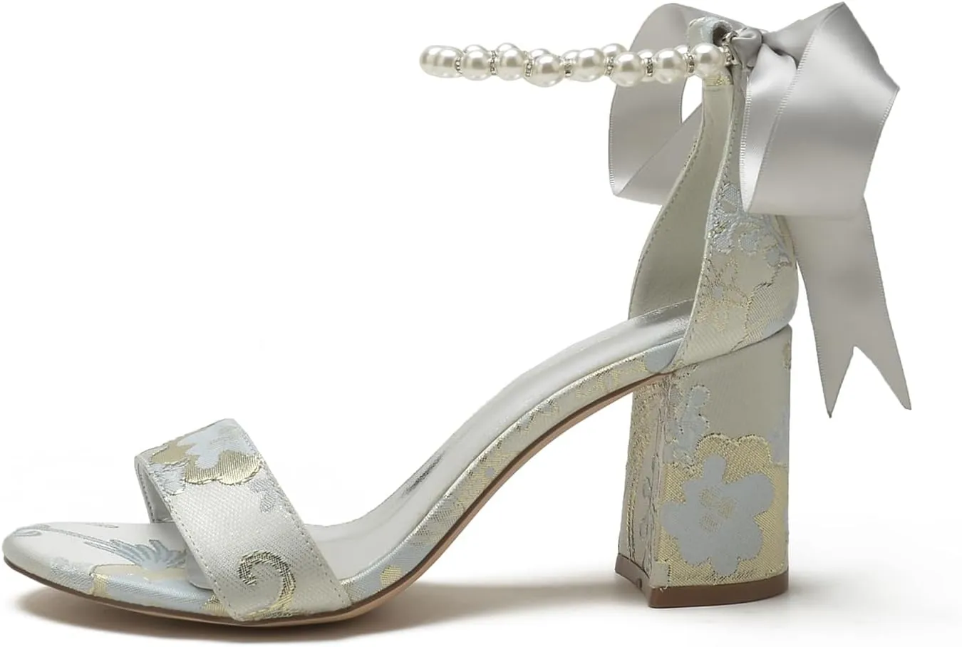Women's Chunky Block Heel Pumps Open Toe Floral Satin Wedding Shoes for Bride Pearls Dress Shoes Heels