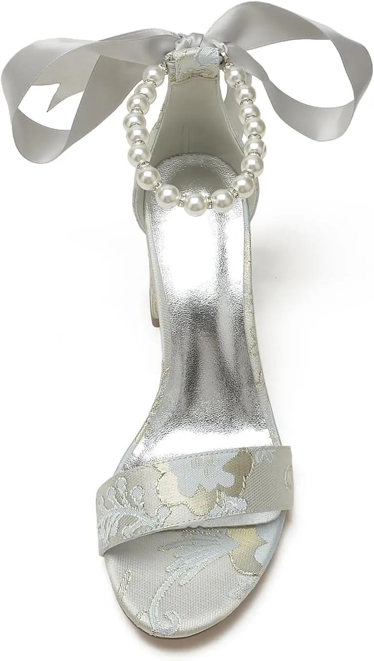 Women's Chunky Block Heel Pumps Open Toe Floral Satin Wedding Shoes for Bride Pearls Dress Shoes Heels
