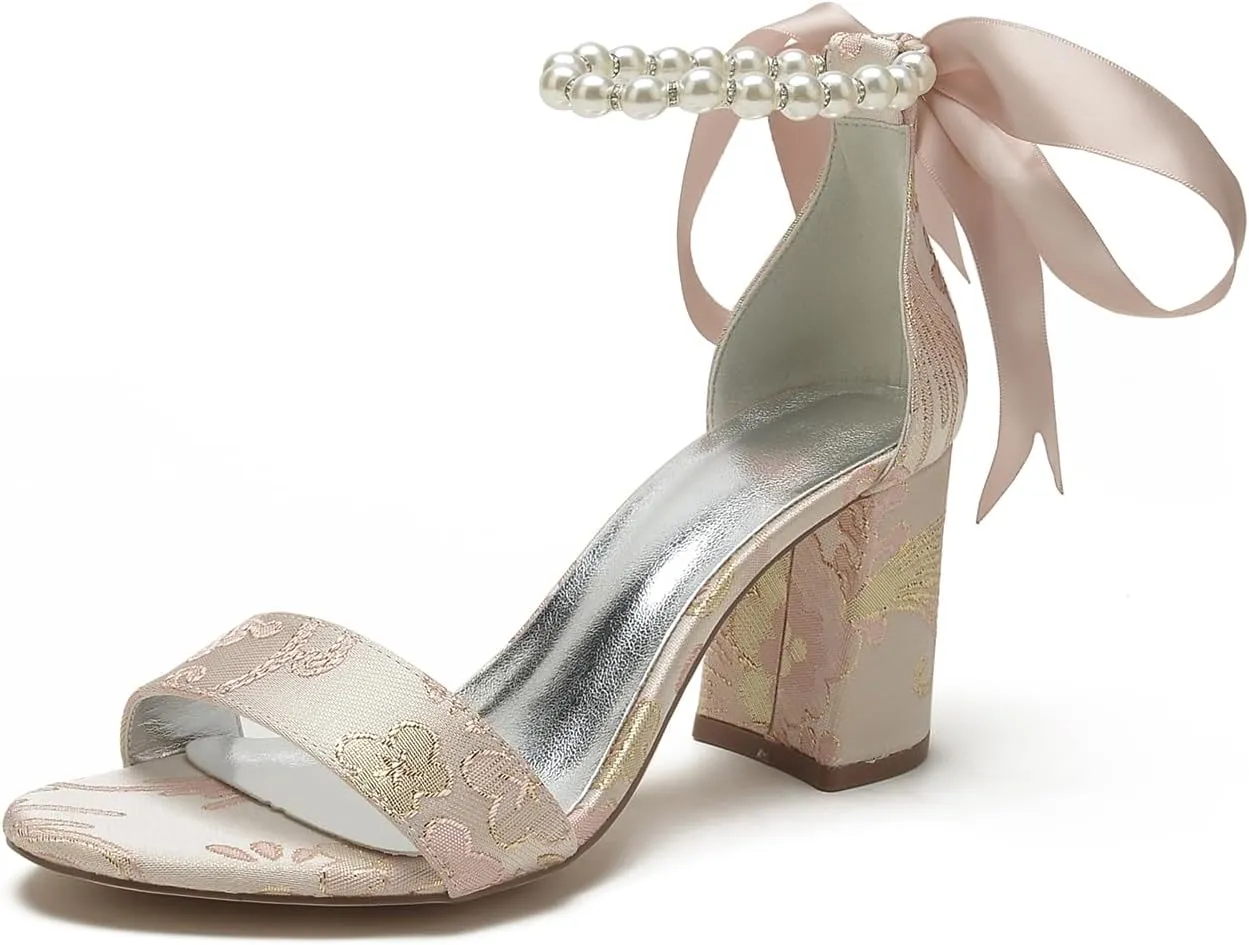 Women's Chunky Block Heel Pumps Open Toe Floral Satin Wedding Shoes for Bride Pearls Dress Shoes Heels
