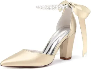 Women's Chunky Block Heel Wedding Shoes for Bride Satin Pearls Ankle Strap Evening Dressy Pumps