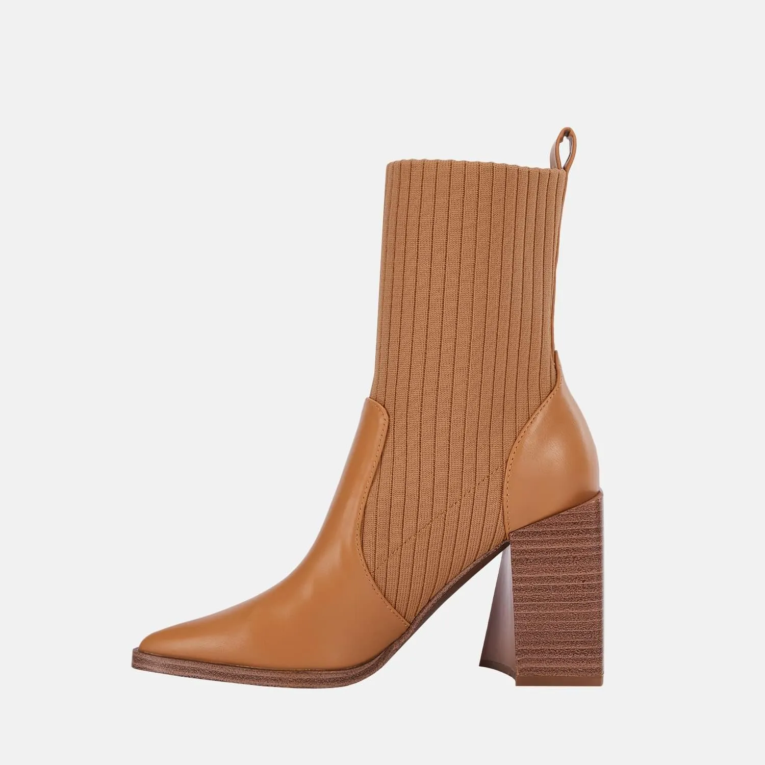 Womens Chunky Stacked Heel Ankle Boots Pointed Toe Booties Slip On Ribbed Knit Sock Boot