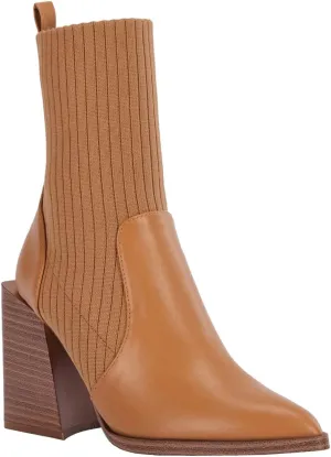 Womens Chunky Stacked Heel Ankle Boots Pointed Toe Booties Slip On Ribbed Knit Sock Boot