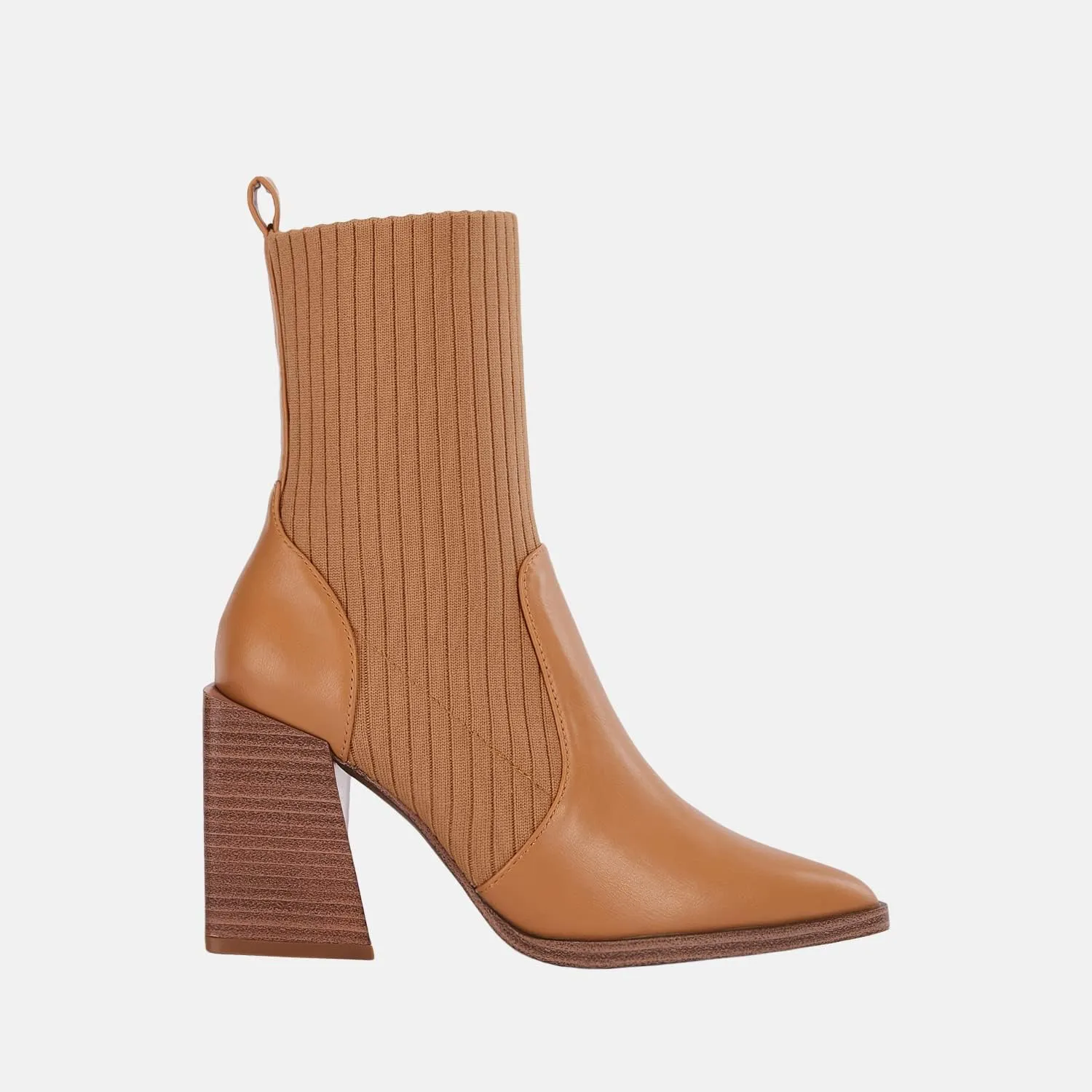 Womens Chunky Stacked Heel Ankle Boots Pointed Toe Booties Slip On Ribbed Knit Sock Boot