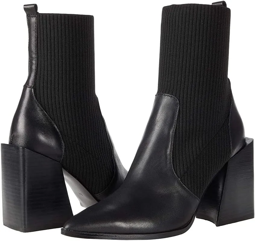 Womens Chunky Stacked Heel Ankle Boots Pointed Toe Booties Slip On Ribbed Knit Sock Boot