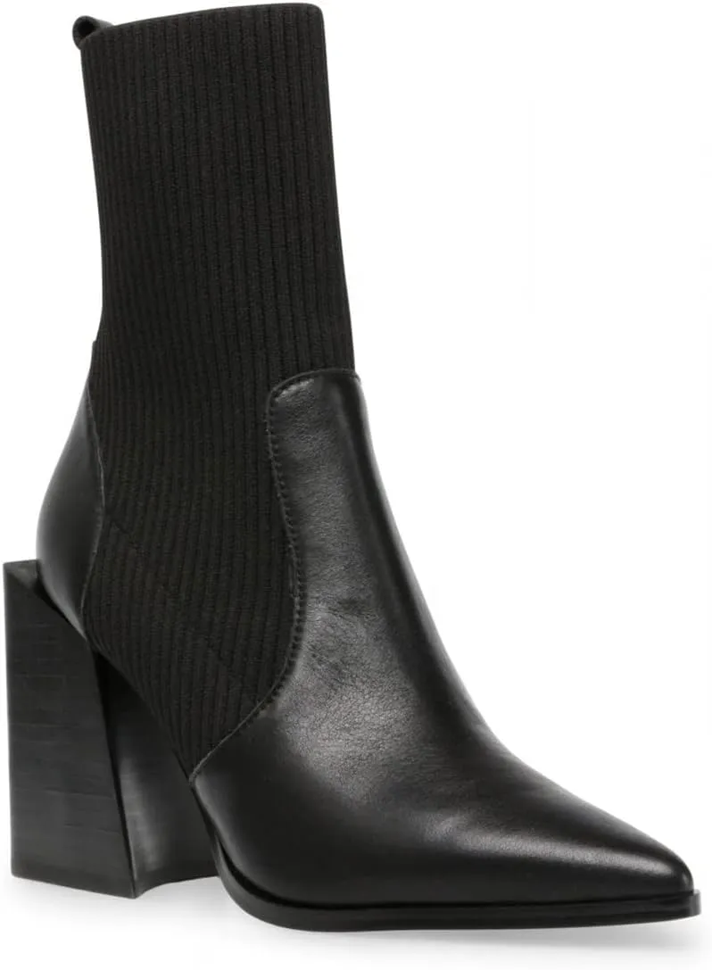 Womens Chunky Stacked Heel Ankle Boots Pointed Toe Booties Slip On Ribbed Knit Sock Boot