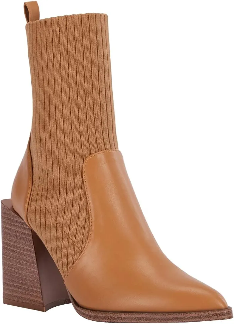 Womens Chunky Stacked Heel Ankle Boots Pointed Toe Booties Slip On Ribbed Knit Sock Boot