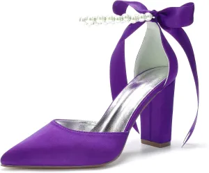Women's Closed Pointed Toe High Chunky Heels Pumps with Pearls Block Heel Bridal Business Dressy Shoes
