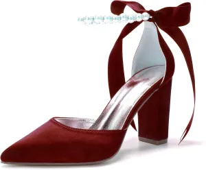 Women's Closed Pointed Toe High Chunky Heels Pumps with Pearls Block Heel Bridal Business Dressy Shoes