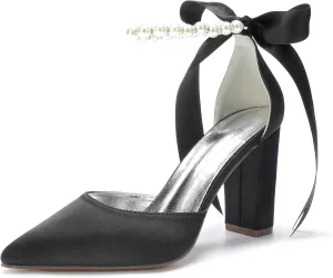 Women's Closed Pointed Toe High Chunky Heels Pumps with Pearls Block Heel Bridal Business Dressy Shoes