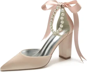 Women's Closed Pointed Toe High Chunky Heels Pumps with Pearls Block Heel Bridal Business Dressy Shoes